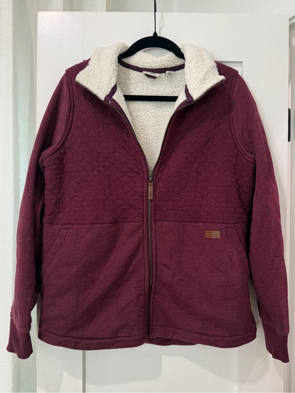 L.L. Bean Women's Burgundy Zip-Up Teddy Jacket with Cream Sherpa